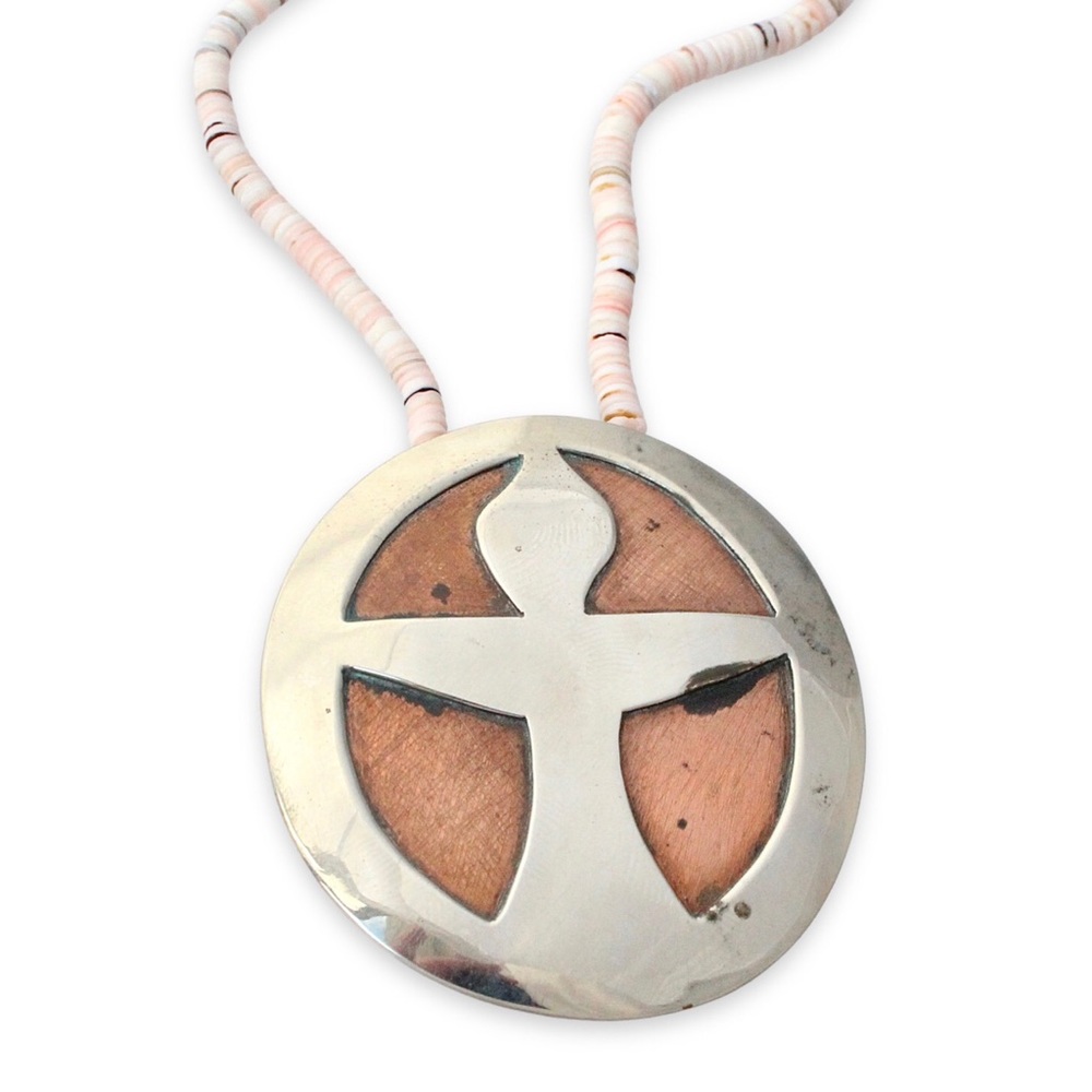 Vintage Peyote Bird Pendant Necklace Copper Silver Tone Heishi Bead Southwestern